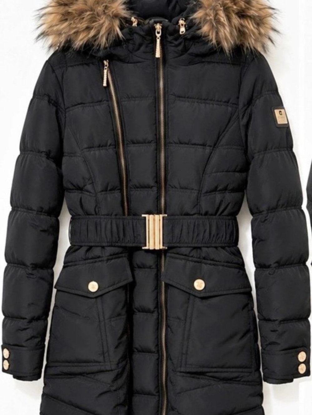 Black Belted Puffer Coat with Faux Fur Hood & Gold Hardware – Women’s Winter Jac